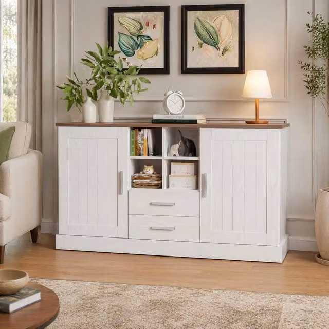 Credenza moderna con 2 ante, 2 cassetti soft-close e 4 vani aperti, bianco e marrone, L 140 cm x P 40 cm x H 79,5 cm