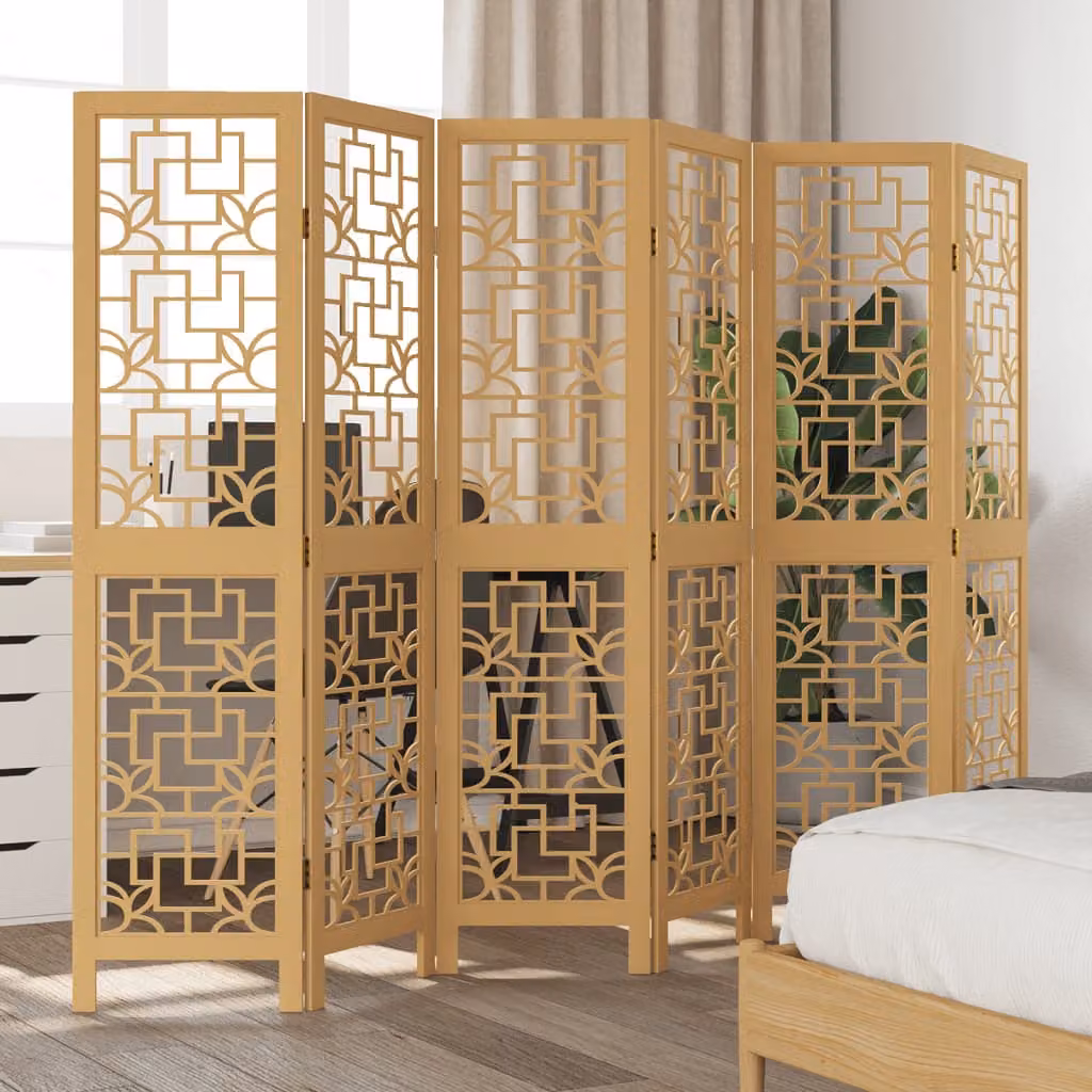 Divisorio Ambienti vidaXL con 6 Pannelli in Legno di Paulownia Marrone e Dettagli Oro, Design Moderno Geometrico, H: 160 cm