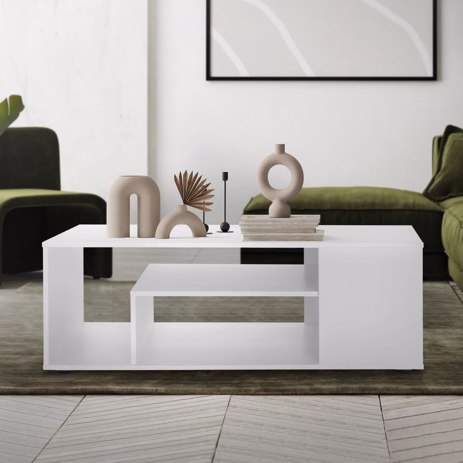 Tavolino di design ML in bianco, 110x50x41 cm, Ampio tavolo da soggiorno con 4 ripiani su 3 livelli, Tavolo da divano moderno con ampio spazio di archiviazione