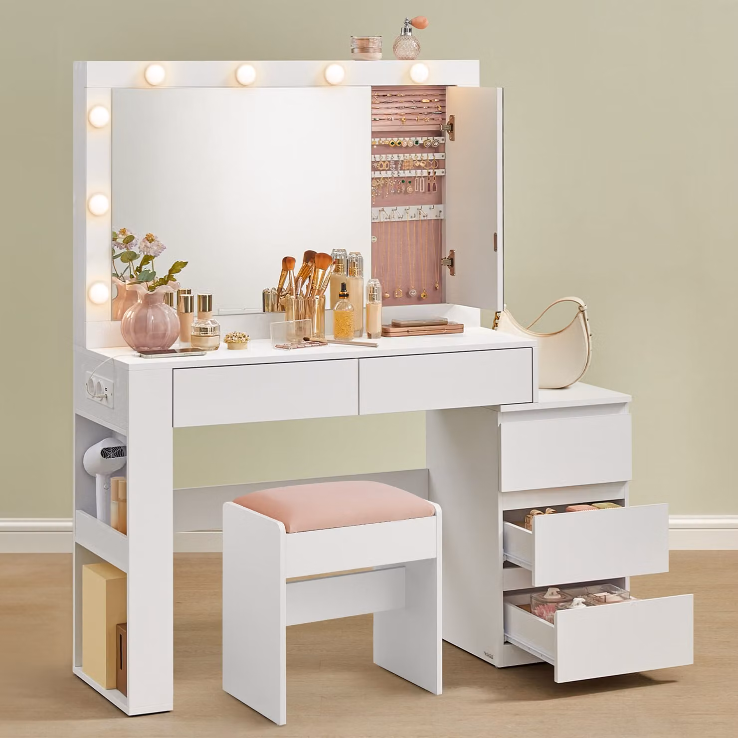 VASAGLE, tavolino da toilette con illuminazione a LED, tavolino da toilette con specchio, portagioie, ciabatta elettrica, 40 x 125 x 140 cm, tavolino per cosmetici con cassetti