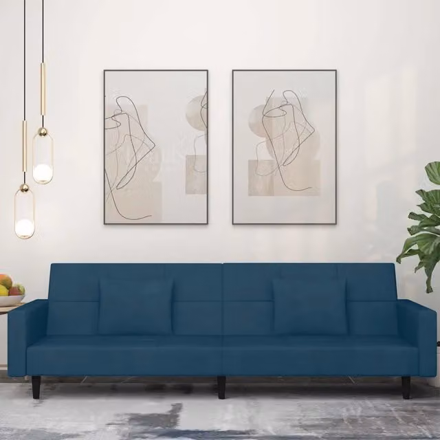 Divano Letto a 2 Posti con 2 Cuscini Blu in Velluto 375815
