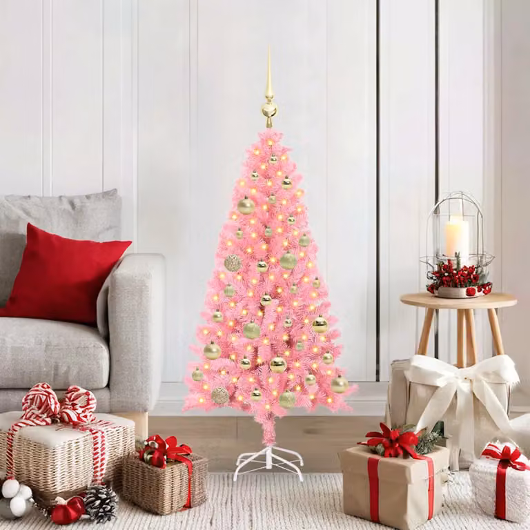 Albero di Natale moderno vidaXL rosa con luci LED bianco caldo in PVC, Altezza: 120 cm