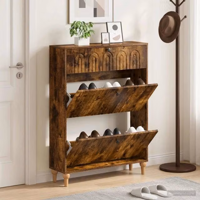 Mobile per scarpe moderno vidaXL in legno e metallo, marrone e nero, L: 78 cm, P: 24 cm, H: 103 cm