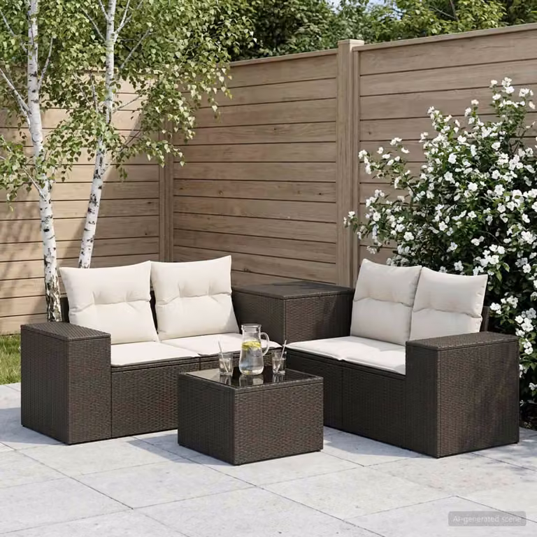 Set di divani da giardino vidaXL in polyrattan nero, bianco e beige con cuscini e tavolino coordinato