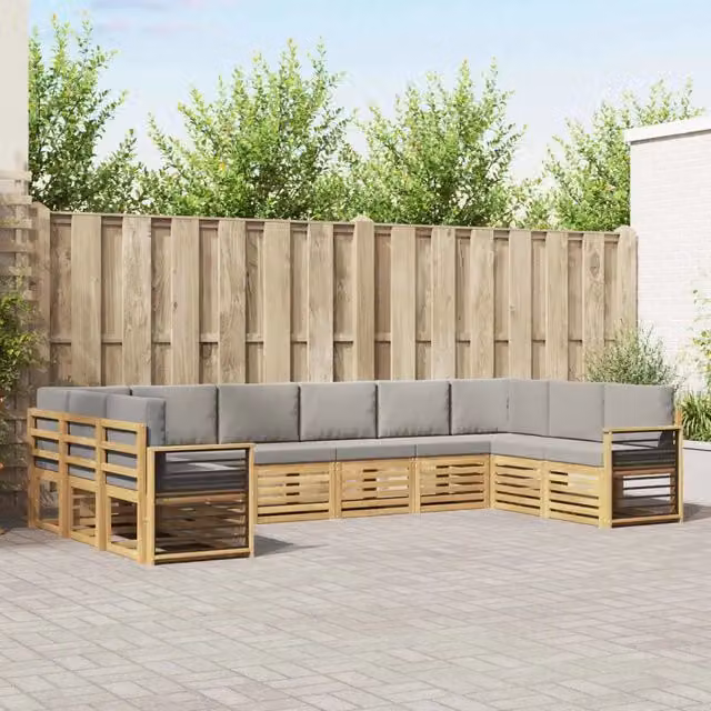 Set di divani da esterno a L vidaXL in legno di acacia con cuscini bianchi e grigi – 1