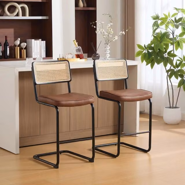Set di 2 sgabelli da bar Minimal marroni in similpelle effetto rattan con gambe in metallo in stile retrò senza braccioli – 1