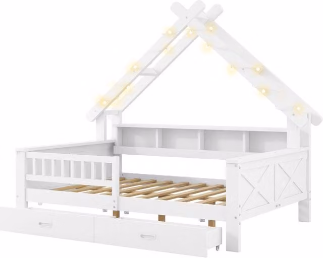 Letto a piattaforma per bambini a forma di casa 140x200 cm con illuminazione LED, cassetti, ripiani e sponda protettiva bianco
