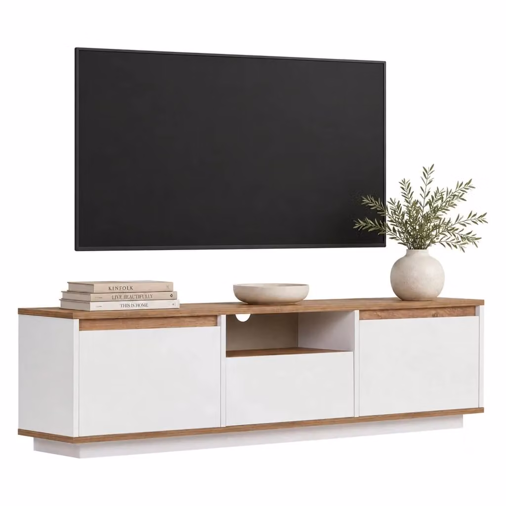Mobile porta TV Morrigan DMORA con un ripiano, finitura legno, Bianco e Marrone, L 160 cm x P 30 cm x H 42 cm – 2