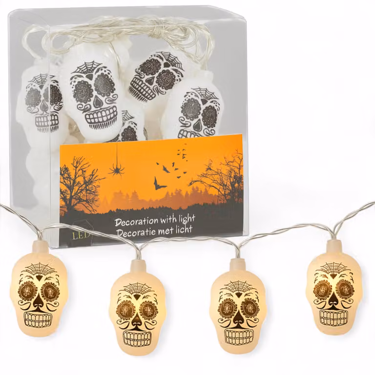 Catena luminosa a LED per Halloween, con 10 teschi, luce bianco caldo, alimentata a batteria