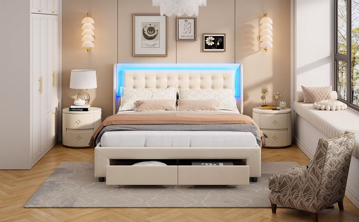 Letto a cassettone 160x200 cm in velluto beige con martinetti idraulici, testata a LED multicolore e cassetto contenitore integrato