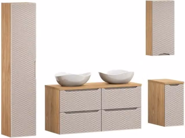 Set da bagno YOKA beige: 2 mobili sottolavabo da 60 cm + 2 lavabi + 1 colonna e 2 mobili contenitori