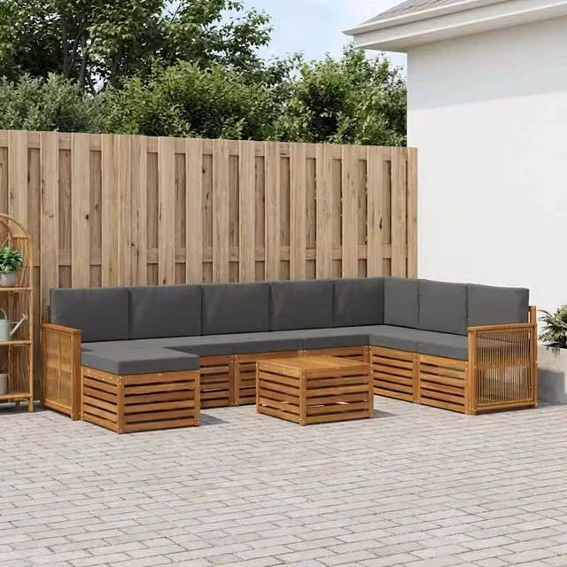 Set di divani da esterno moderno vidaXL in legno di acacia, 9 pezzi, colore naturale e antracite con cuscini beige