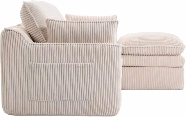 Divano modulare 3 posti in tessuto vellutato beige con pouf e tasche laterali, struttura con schiuma a tre strati e molle