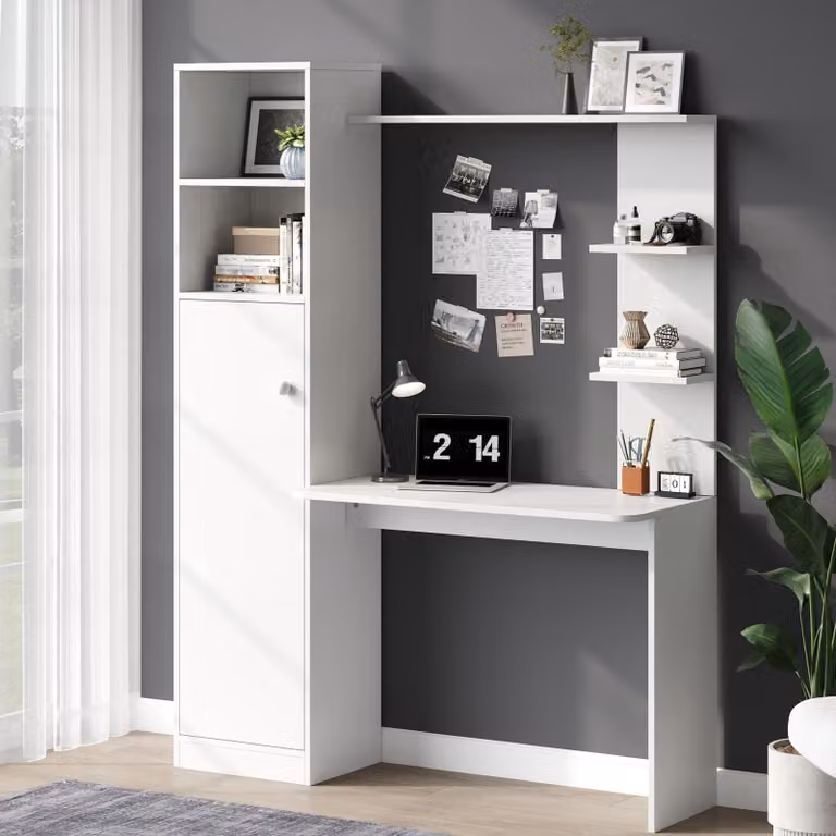 Scrivania Merax Scrivania da lavoro con libreria, armadio chiuso e ripiani aperti, scrivania per computer, scrivania da ufficio, 123,5x45x168,5 cm, bianco