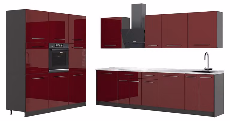 Cucina componibile Vicco Fame-Line Bordeaux lucido/Antracite 460 cm, PL Marmo, Model 63771