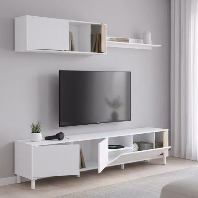 Mobile porta TV Banari DMORA, armadietto soggiorno moderno con ante e mensola, L 200 cm x P 40 cm x H 47 cm, Bianco e Rovere – 1