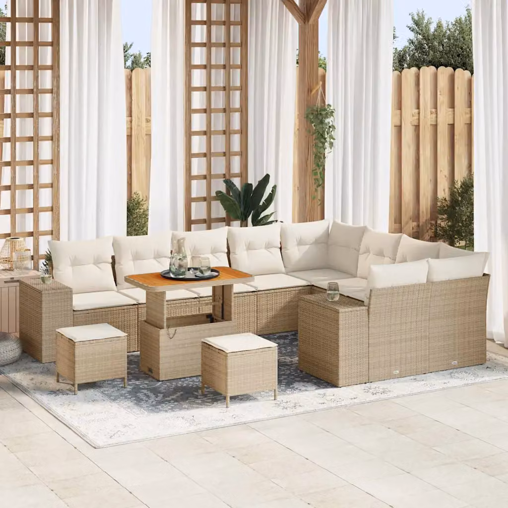 Set Divano da Giardino a L vidaXL con Cuscini e Tavolino, 9-12 Posti, Beige e Bianco – 1