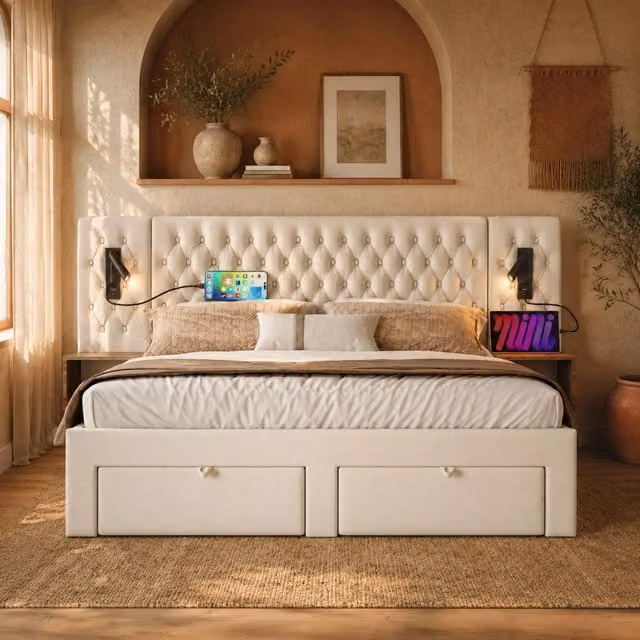 Letto imbottito 160×200 cm con 2 comodini; 4 cassetti; luci da lettura; USB e Type-C; velluto beige