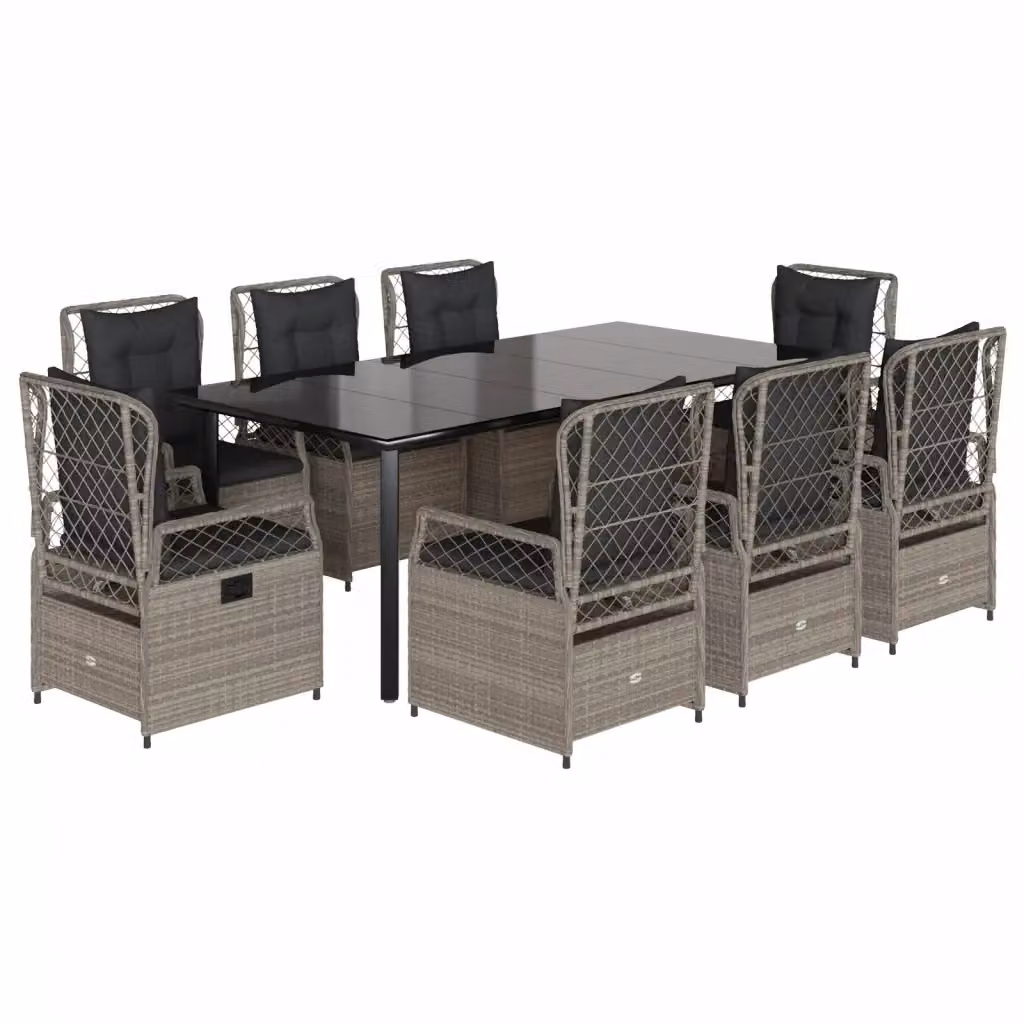 Set Pranzo da Giardino vidaXL in Polyrattan con Piano in Vetro e 9 Cuscini Grigio Chiaro – 2