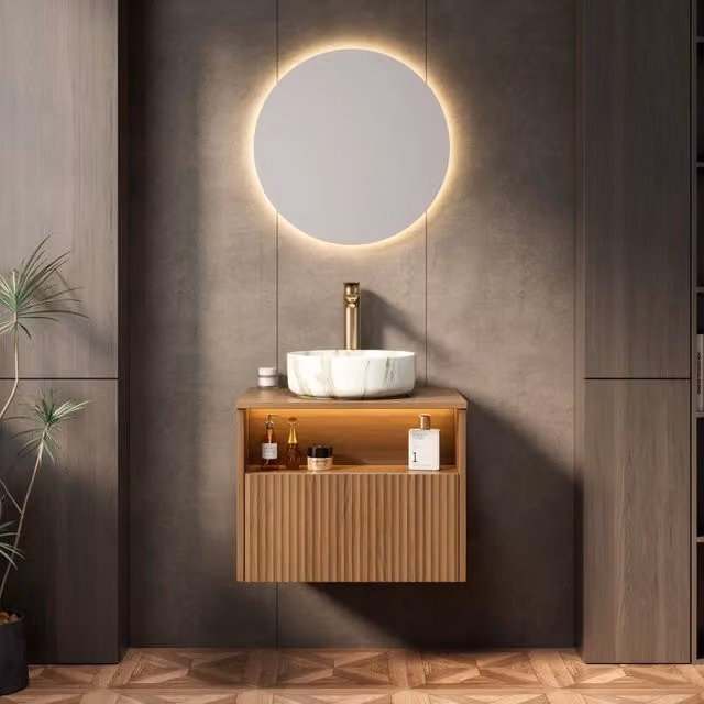 Mobile sottolavabo sospeso con lavabo in ceramica LED sensore cassetto e vano aperto rovere marrone 60 × 46 × 58,8 cm