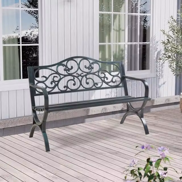 Panca da Giardino Utav con Schienale e Braccioli in Acciaio Grigio Scuro con Patina Verde casa.pro