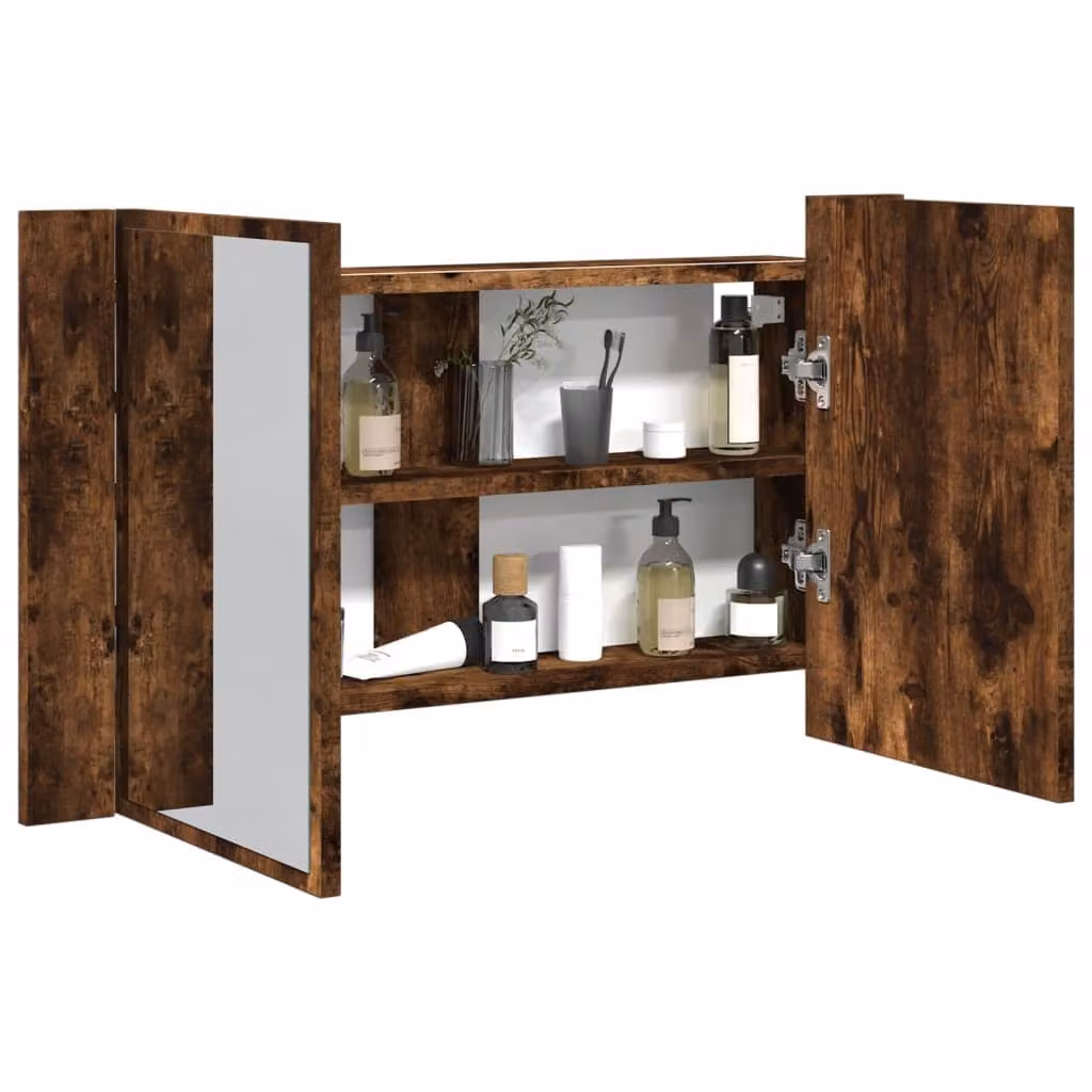 Armadietto a specchio con LED vidaXL in rovere fumo per bagno, L: 80 cm, P: 45 cm, H: 12 cm