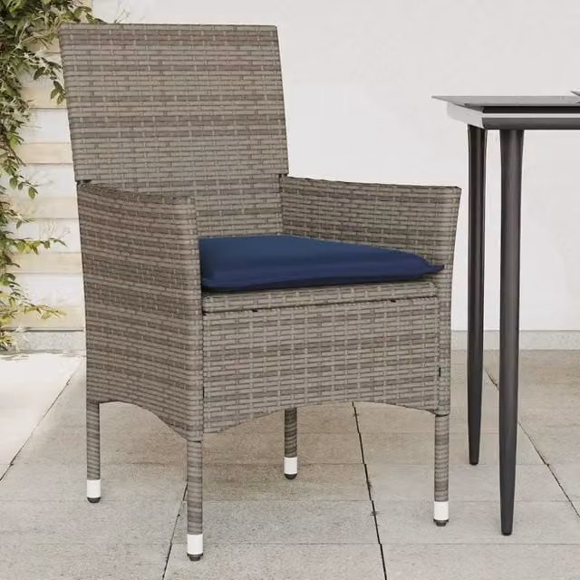 Set di 2 sedie da giardino vidaXL in polyrattan grigie con cuscini blu e braccioli – 1