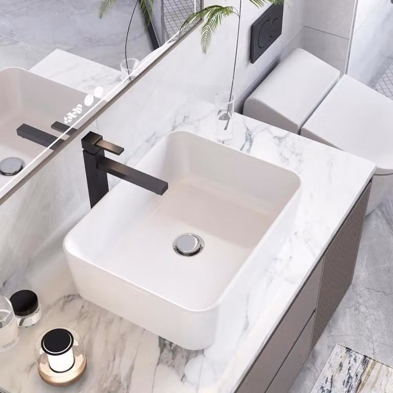 Lavabo in Vetroceramica da appoggio - Lavabo da appoggio - Rettangolare - Con troppofilo - Miscelatore monocomando - 475 × 375 × 130 mm - Bianco