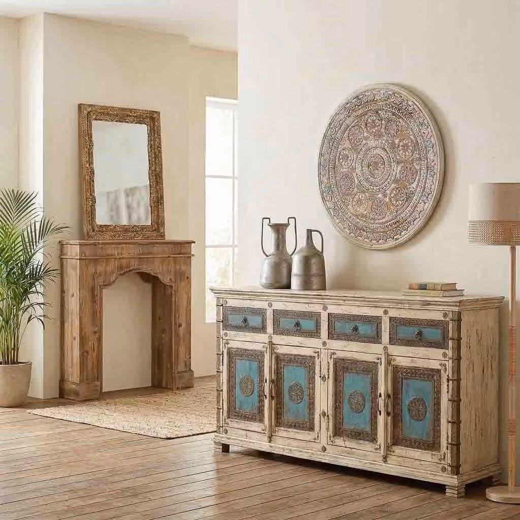 Credenza etnica Wanderlust Deco in legno e metallo, bianco, turchese e oro, L: 180 cm, P: 45 cm, H: 96 cm – 2