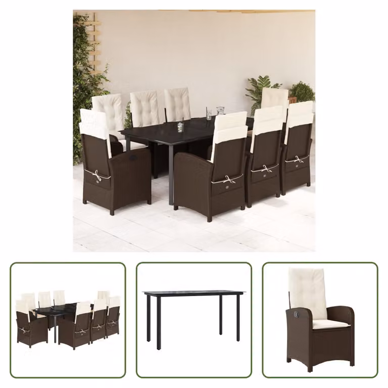 The Living Store Set da pranzo da giardino 9 pezzi con cuscini in polirattan marrone