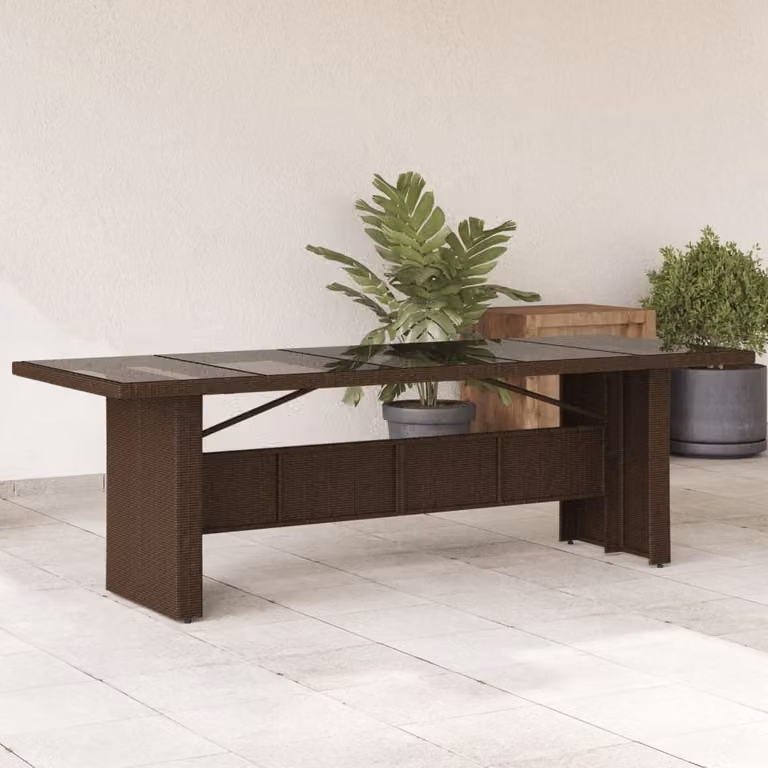 Maison Exclusive - Tavolo da giardino con piano in vetro marrone 240x90x75 cm Poly Rattan