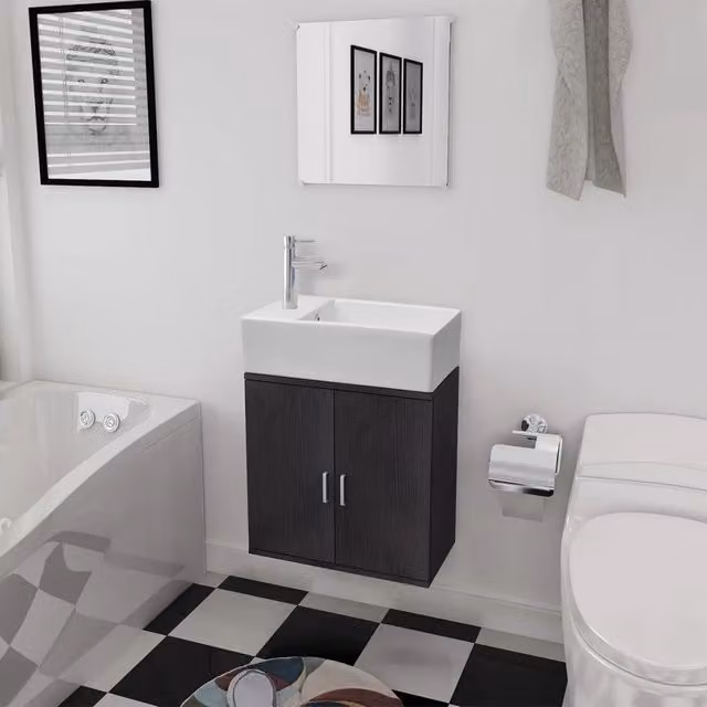 Set Mobili da Bagno Moderno vidaXL in Legno e Ceramica, 3 Pezzi, Nero e Bianco, Montaggio a Parete