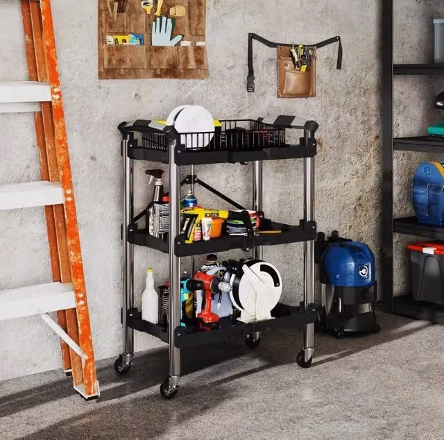 Carrello portautensili pieghevole a 3 ripiani con ruote