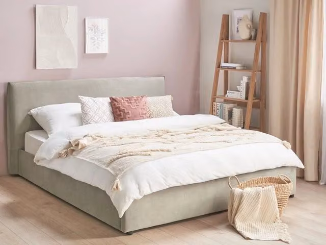 Letto Beliani con contenitore e testata classica in velluto grigio talpa, L/P/H: 180 x 200 x 120 cm