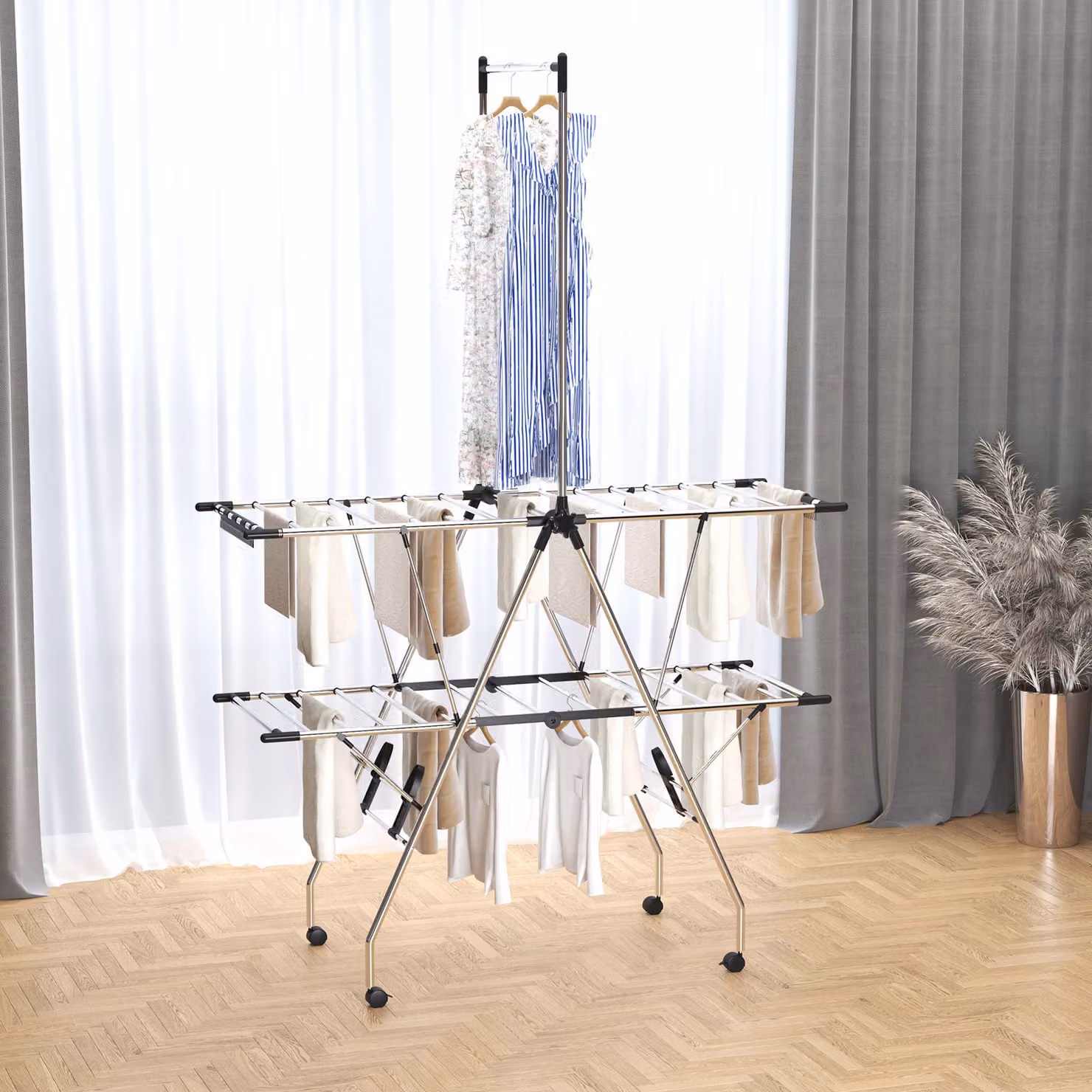 Stendibiancheria pieghevole con ruote HOMCOM in acciaio inossidabile, argento e nero, L: 138,5 cm, P: 63 cm, H: 208 cm – 2