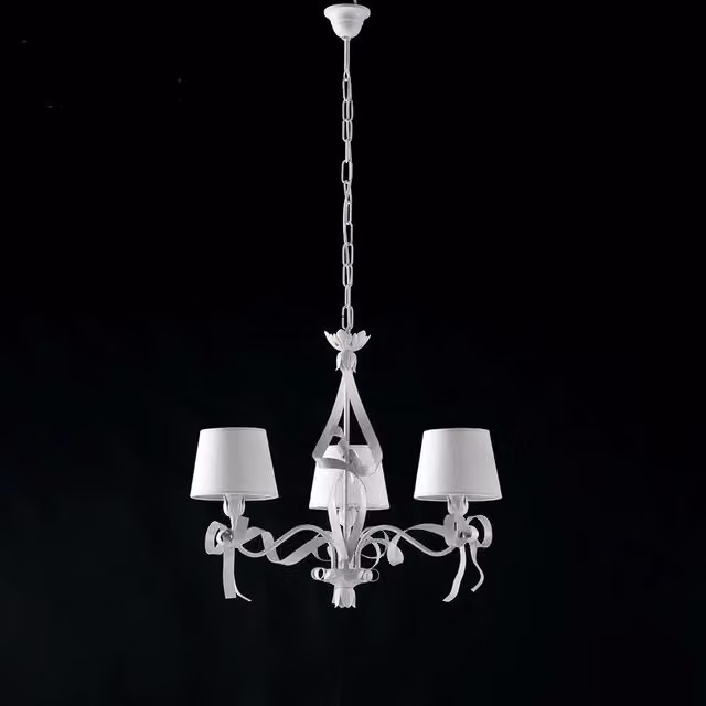 Lampadario Shabby Chic Lucy Belight Bianco con 3 Luci e Paralumi in Tessuto