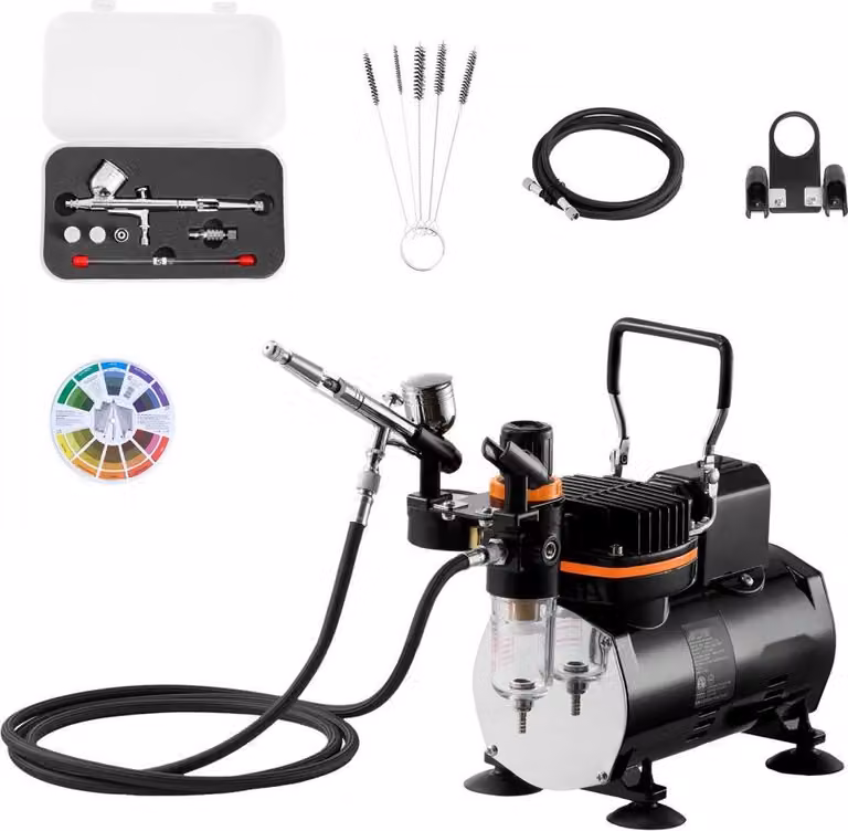 Set aerografo 1/6 hp - compressore d'aria e serbatoio - pistola ad aerografo a doppia azione - 3 ugelli (0,2/0,3/0,5 mm) - tubo flessibile e supporto - set di pulizia - per decorazione di torte, pittura di modelli, nail art