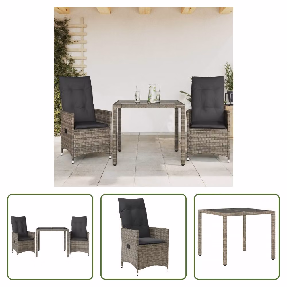 The Living Store Set bistrot 3 pezzi con cuscini in poly rattan grigio