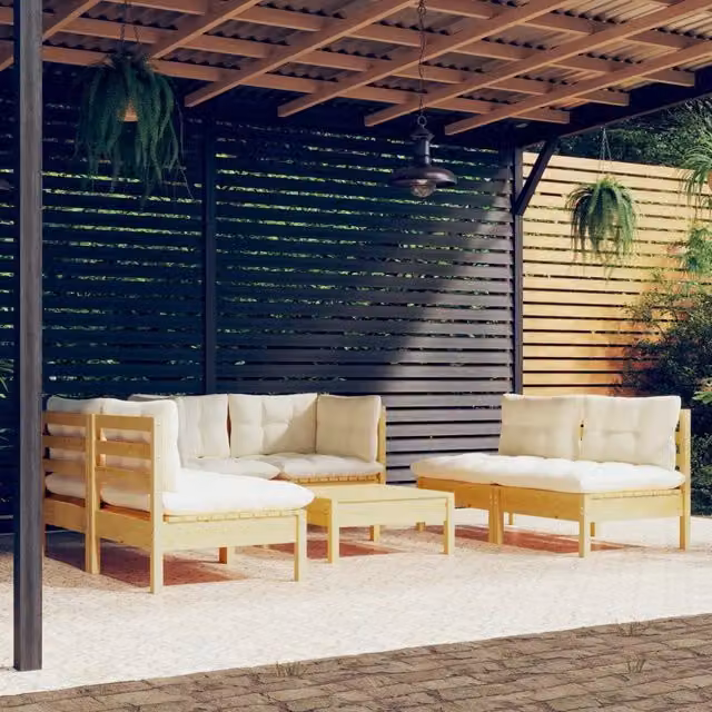Set Divani da Giardino 7 pz con Cuscini Crema Massello di Pino 3096214