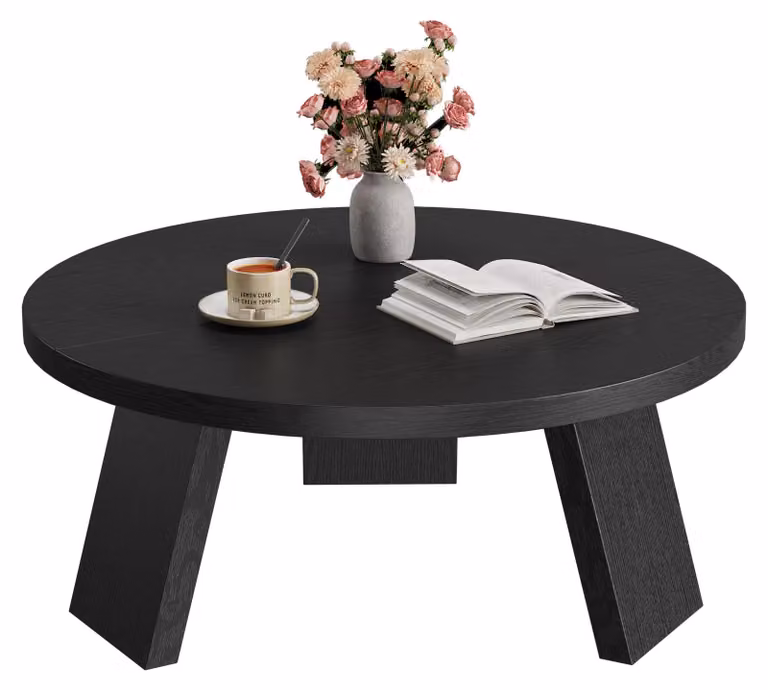 Tavolino da caffè rotondo, diametro 85 cm, ideale per il soggiorno, con gambe in MDF e finitura nera strutturata