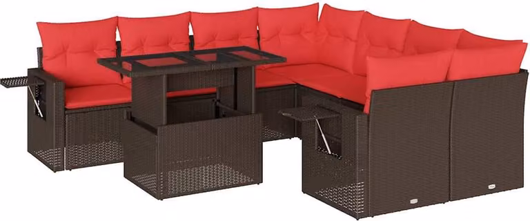 Set Divani da Giardino 9 pz con Cuscini Marrone in Polyrattan