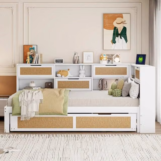 Divano letto singolo in legno ¨C Minimal ¨C Bianco 90x200 cm con cassetti contenitore