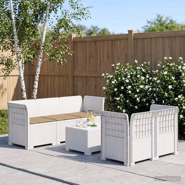 Divano da Giardino 5 Posti con Cuscini Stile Rattan PP Bianco 3443900