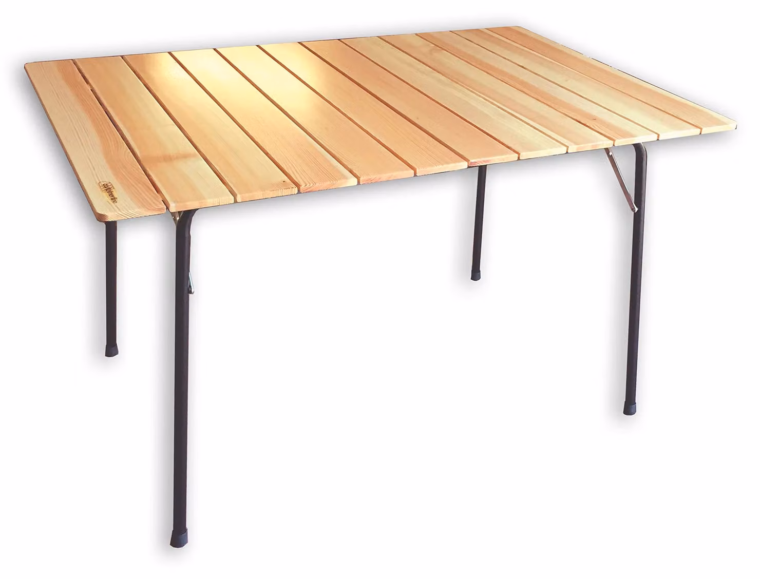 Tavolino pieghevole in legno di larice, dimensioni 120x80 cm, gambe in acciaio pieghevoli, completo di piedini regolabili