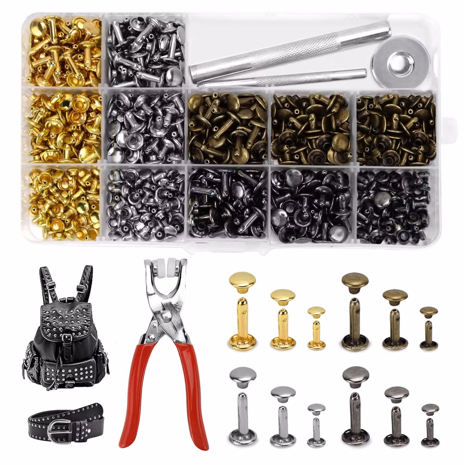 Set di 360 elementi per occhielli, con utensili, disponibile in 4 colori, 3 dimensioni, per occhielli in pelle