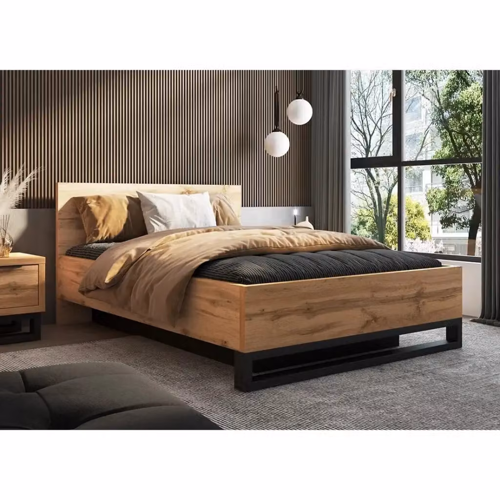 Letto contenitore stile industriale MEUBLORAMA Collezione MILOS, colori rovere grezzo e nero, L/P/H: 160 x 200 x 93,5 cm – 2