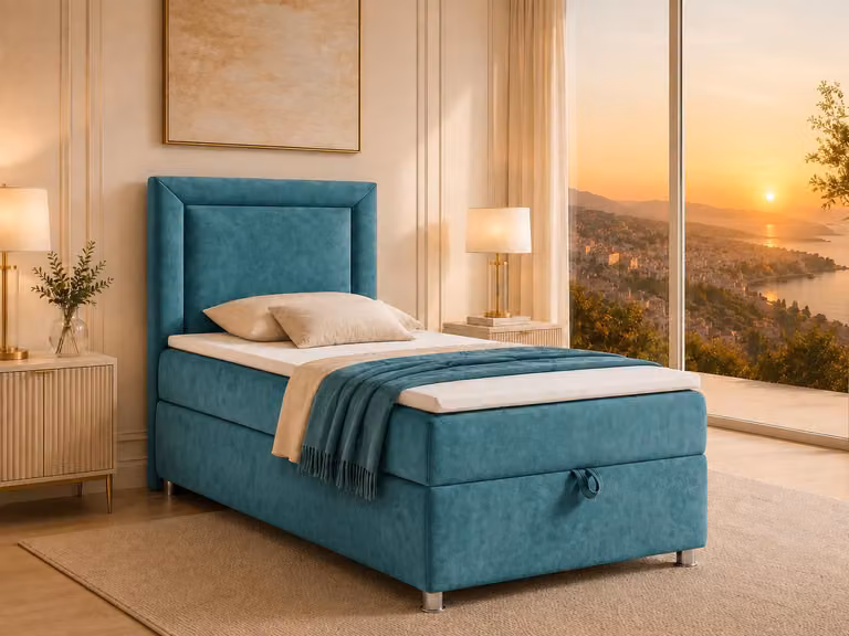 Best for Home Letto boxspring con contenitore Trinity K3-SINGLE 100x200 Materasso a molle Bonell incl. topper - Turchese