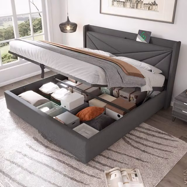 Letto matrimoniale con contenitore 140x200 cm; testiera con USB e Type-C; grigio