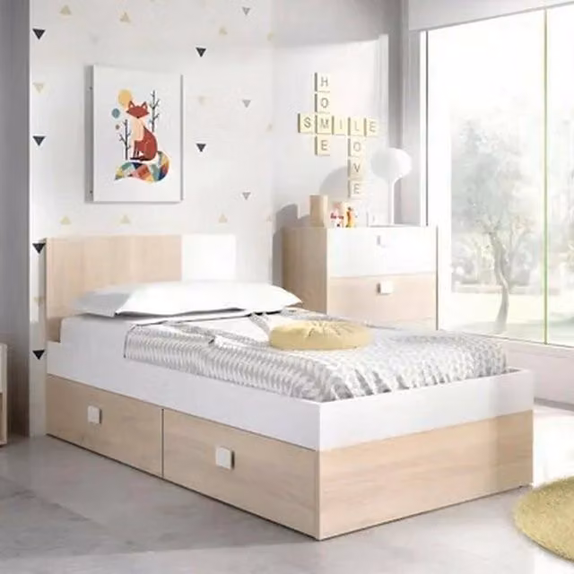 Letto singolo Rashmi DMORA con cassetti, struttura porta materasso moderna, L/P/H: 97 x 196 x 79 cm, Bianco e Rovere