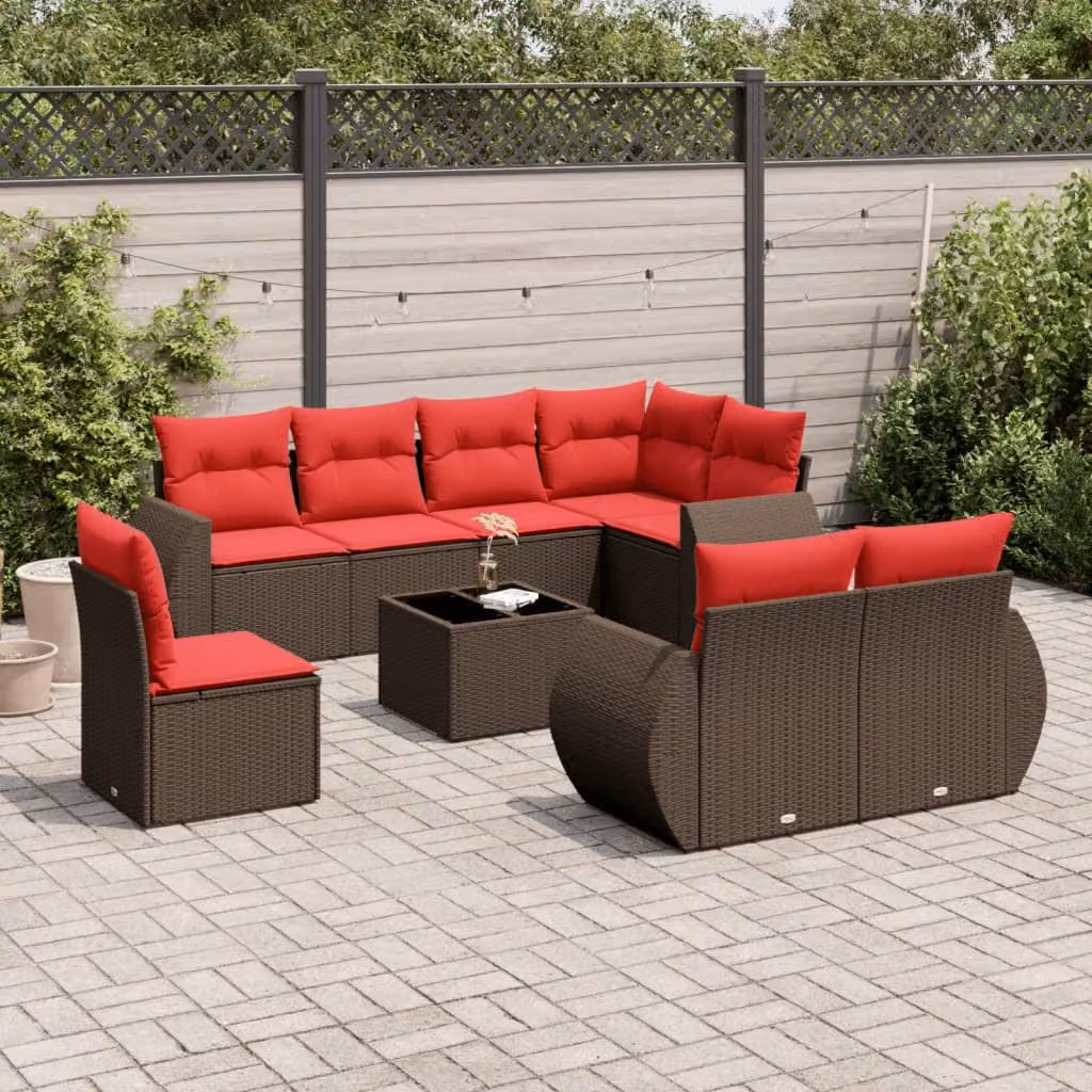 Set Divani da Giardino vidaXL 9 pz in Polyrattan Marrone con Cuscini e Tavolino da Esterno